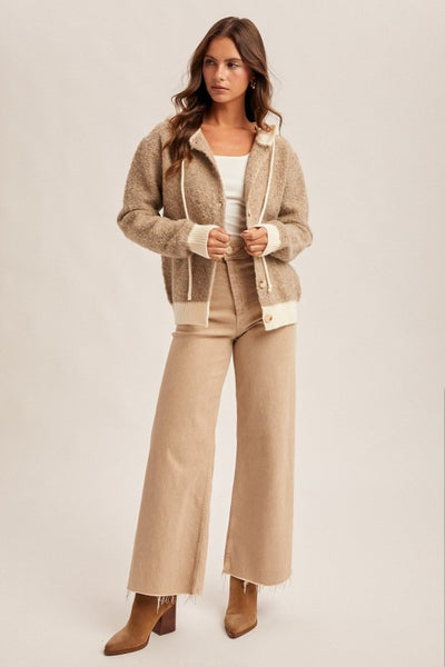 MOCHA BUTTON DOWN BOUCLE HOODED SWEATER