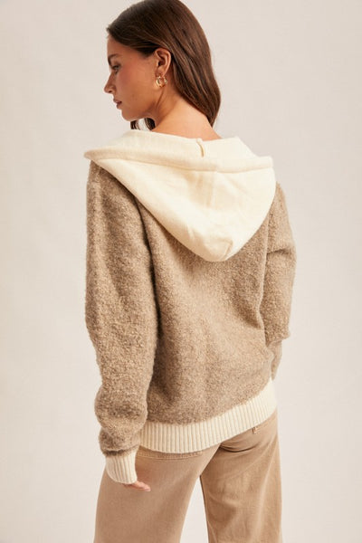 MOCHA BUTTON DOWN BOUCLE HOODED SWEATER