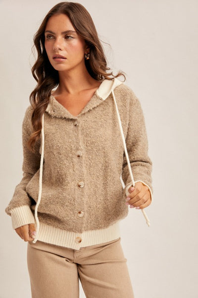 MOCHA BUTTON DOWN BOUCLE HOODED SWEATER