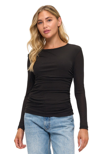 ARIELLA BLACK LONG SLEEVE RUCHED TOP
