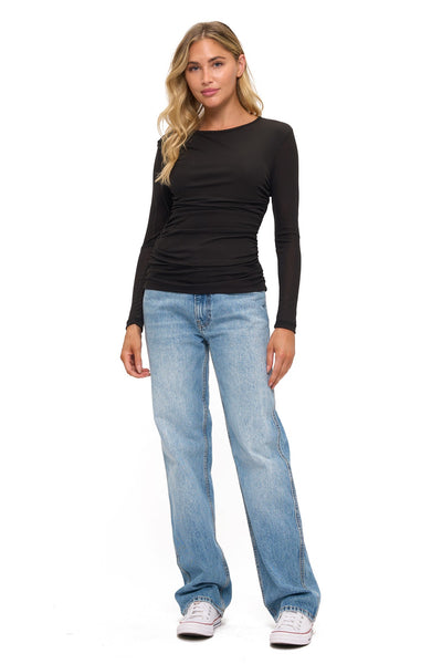 ARIELLA BLACK LONG SLEEVE RUCHED TOP