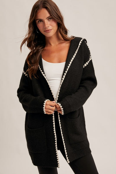 BLACK STITCH DETAIL HOODED CARDIGAN