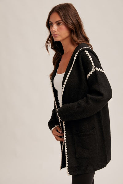 BLACK STITCH DETAIL HOODED CARDIGAN