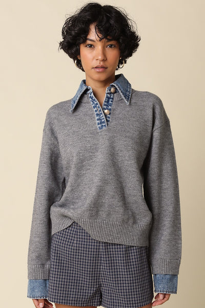 OLIVACEOUS EMELY GREY CONTRAST KNIT TOP DENIM COLLAR