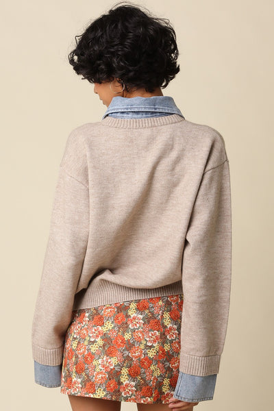 OLIVACEOUS EMELY KHAKI CONTRAST KNIT TOP DENIM COLLAR
