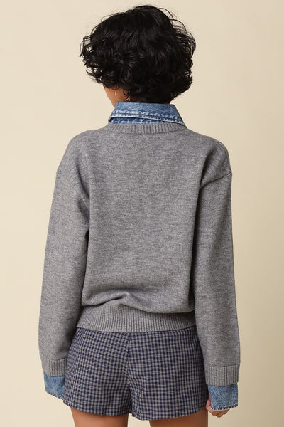 OLIVACEOUS EMELY GREY CONTRAST KNIT TOP DENIM COLLAR
