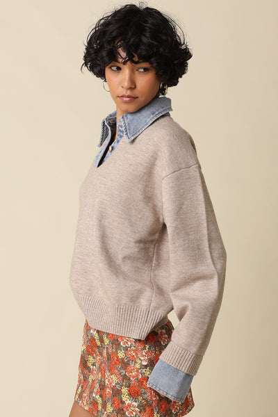 OLIVACEOUS EMELY KHAKI CONTRAST KNIT TOP DENIM COLLAR