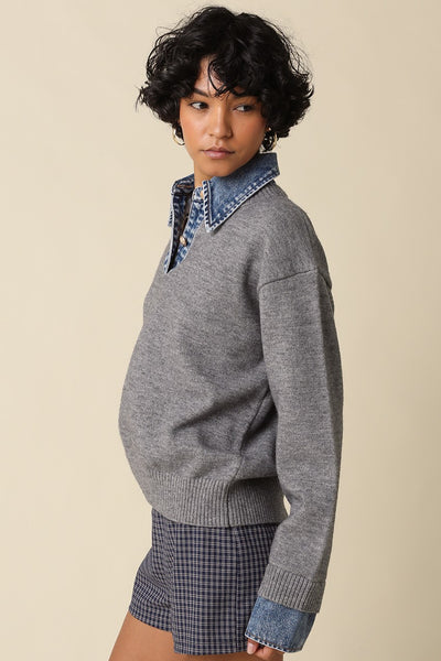 OLIVACEOUS EMELY GREY CONTRAST KNIT TOP DENIM COLLAR
