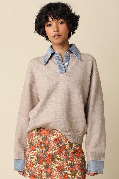 OLIVACEOUS EMELY KHAKI CONTRAST KNIT TOP DENIM COLLAR
