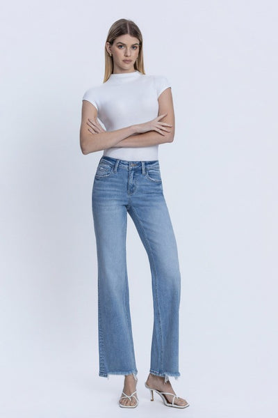 LOVERVET MID RISE DISTRESSED HEM SLIM WIDE JEANS VALERIE