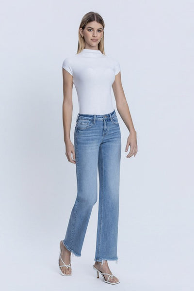 LOVERVET MID RISE DISTRESSED HEM SLIM WIDE JEANS VALERIE