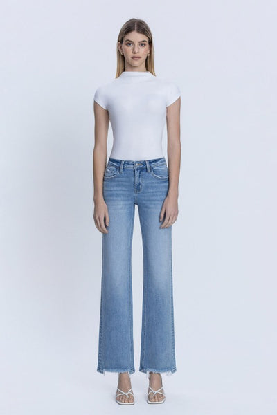 LOVERVET MID RISE DISTRESSED HEM SLIM WIDE JEANS VALERIE