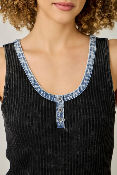 HENLEY NECK TANK WASHED BLACK DENIM DETAIL