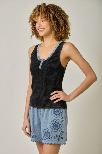 HENLEY NECK TANK WASHED BLACK DENIM DETAIL