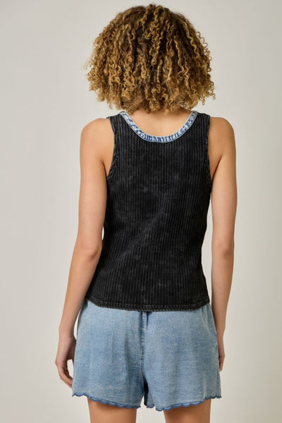 HENLEY NECK TANK WASHED BLACK DENIM DETAIL