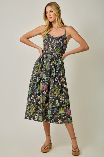 BLACK FLORAL PRINTED DOUBLE GAUZE SMOCKED DRESS