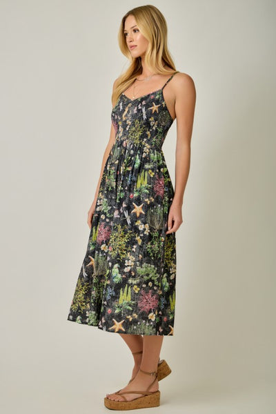 BLACK FLORAL PRINTED DOUBLE GAUZE SMOCKED DRESS