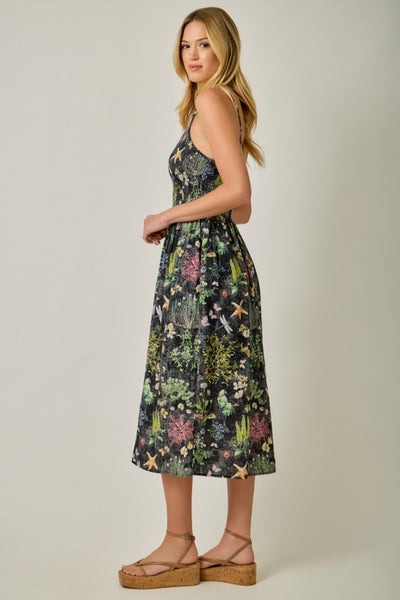 BLACK FLORAL PRINTED DOUBLE GAUZE SMOCKED DRESS