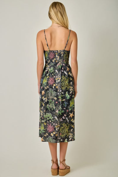 BLACK FLORAL PRINTED DOUBLE GAUZE SMOCKED DRESS