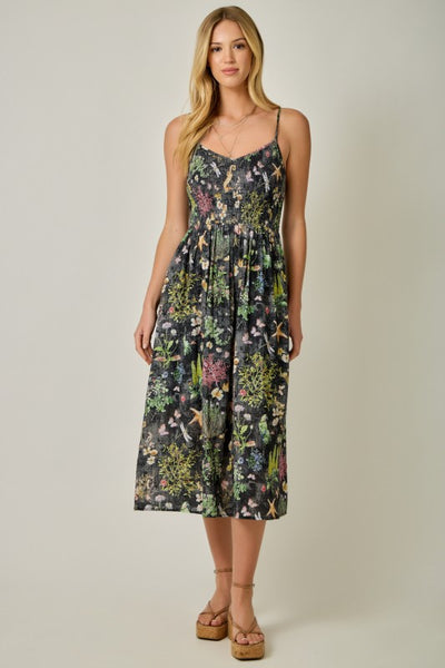 BLACK FLORAL PRINTED DOUBLE GAUZE SMOCKED DRESS