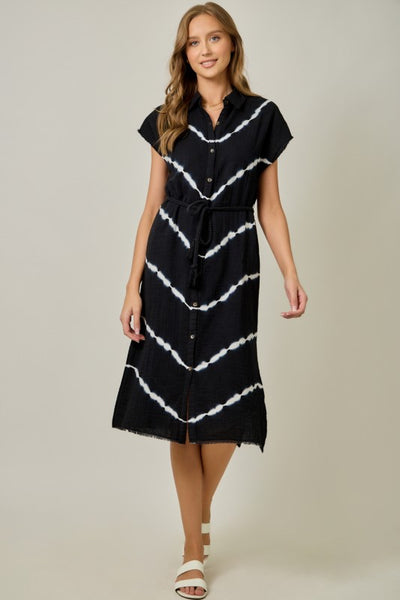 TIE DYE SHIRT DRESS BLACK WHITE BUTTON FRONT