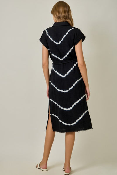 TIE DYE SHIRT DRESS BLACK WHITE BUTTON FRONT