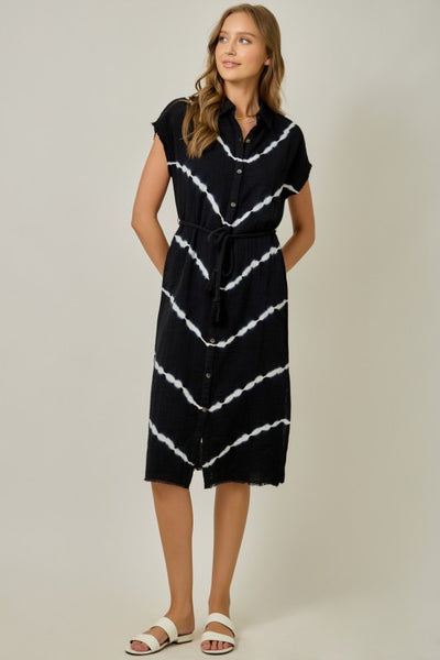 TIE DYE SHIRT DRESS BLACK WHITE BUTTON FRONT