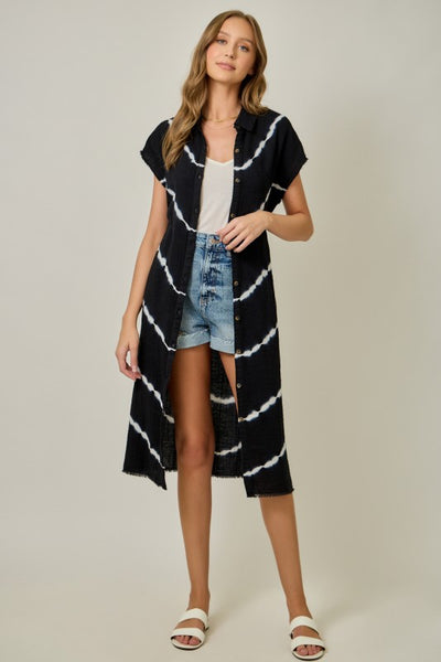 TIE DYE SHIRT DRESS BLACK WHITE BUTTON FRONT