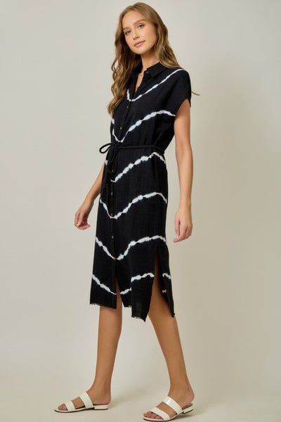 TIE DYE SHIRT DRESS BLACK WHITE BUTTON FRONT