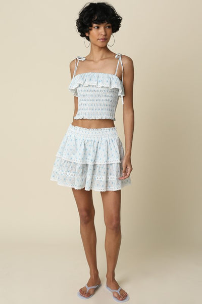 WHITE BLUE TIERED RUFFLE MINI SKIRT