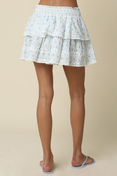 WHITE BLUE TIERED RUFFLE MINI SKIRT