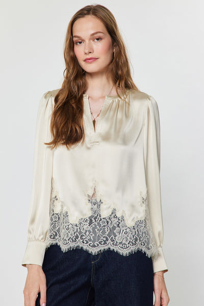 CURRENT AIR ECRU LACE HEM SATIN BLOUSE