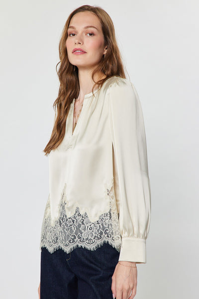 CURRENT AIR ECRU LACE HEM SATIN BLOUSE