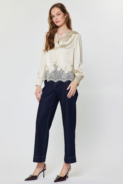 CURRENT AIR ECRU LACE HEM SATIN BLOUSE