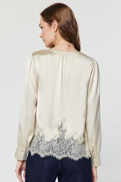 CURRENT AIR ECRU LACE HEM SATIN BLOUSE