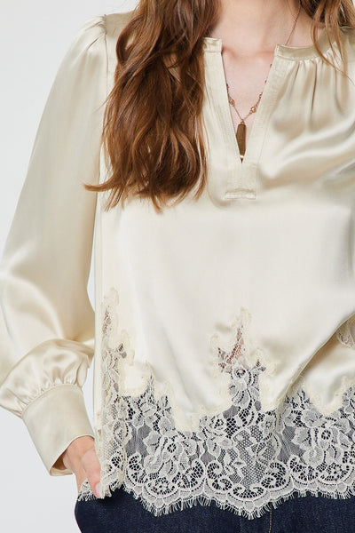 CURRENT AIR ECRU LACE HEM SATIN BLOUSE