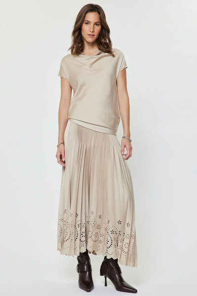 CURRENT AIR COLETTE CHAMPAGNE COWL NECK MIXED MEDIA TOP