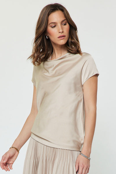 CURRENT AIR COLETTE CHAMPAGNE COWL NECK MIXED MEDIA TOP