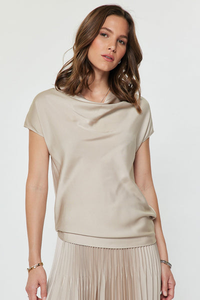 CURRENT AIR COLETTE CHAMPAGNE COWL NECK MIXED MEDIA TOP