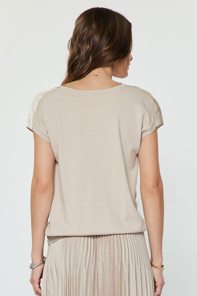 CURRENT AIR COLETTE CHAMPAGNE COWL NECK MIXED MEDIA TOP