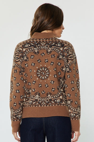 CURRENT AIR PAISLEY JACQUARD HALF ZIP UP SWEATER CARAMEL