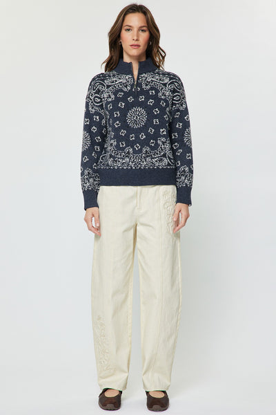 CURRENT AIR DEMI PAISLEY JACQUARD HALF ZIP UP SWEATER DARK DENIM BLUE