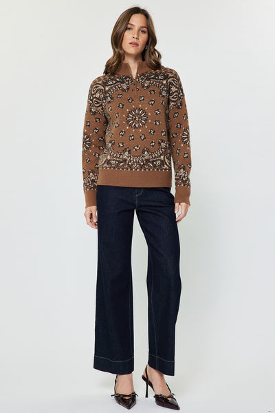 CURRENT AIR PAISLEY JACQUARD HALF ZIP UP SWEATER CARAMEL