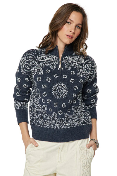 CURRENT AIR DEMI PAISLEY JACQUARD HALF ZIP UP SWEATER DARK DENIM BLUE