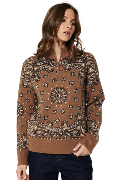 CURRENT AIR PAISLEY JACQUARD HALF ZIP UP SWEATER CARAMEL