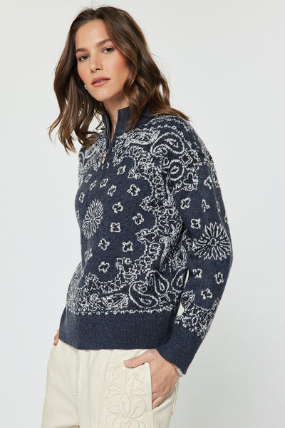 CURRENT AIR DEMI PAISLEY JACQUARD HALF ZIP UP SWEATER DARK DENIM BLUE