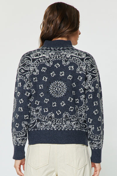 CURRENT AIR DEMI PAISLEY JACQUARD HALF ZIP UP SWEATER DARK DENIM BLUE