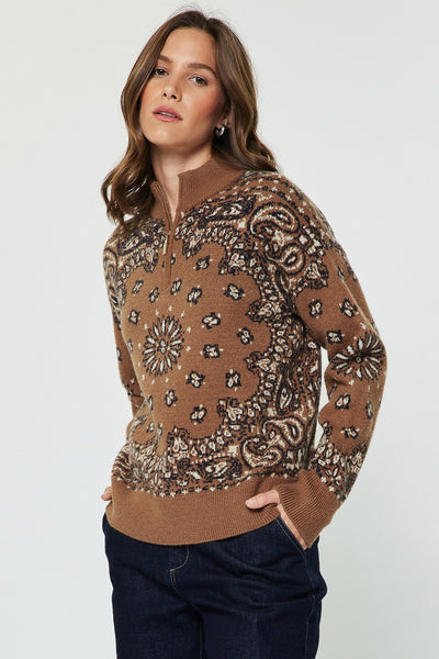 CURRENT AIR PAISLEY JACQUARD HALF ZIP UP SWEATER CARAMEL