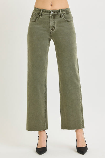 RISEN AURELIE BURNT OLIVE MID RISE ANKLE STRAIGHT RAW HEM PANTS