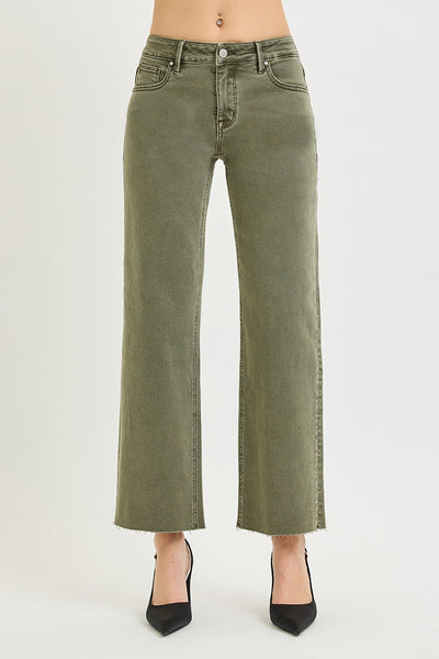 RISEN AURELIE BURNT OLIVE MID RISE ANKLE STRAIGHT RAW HEM PANTS